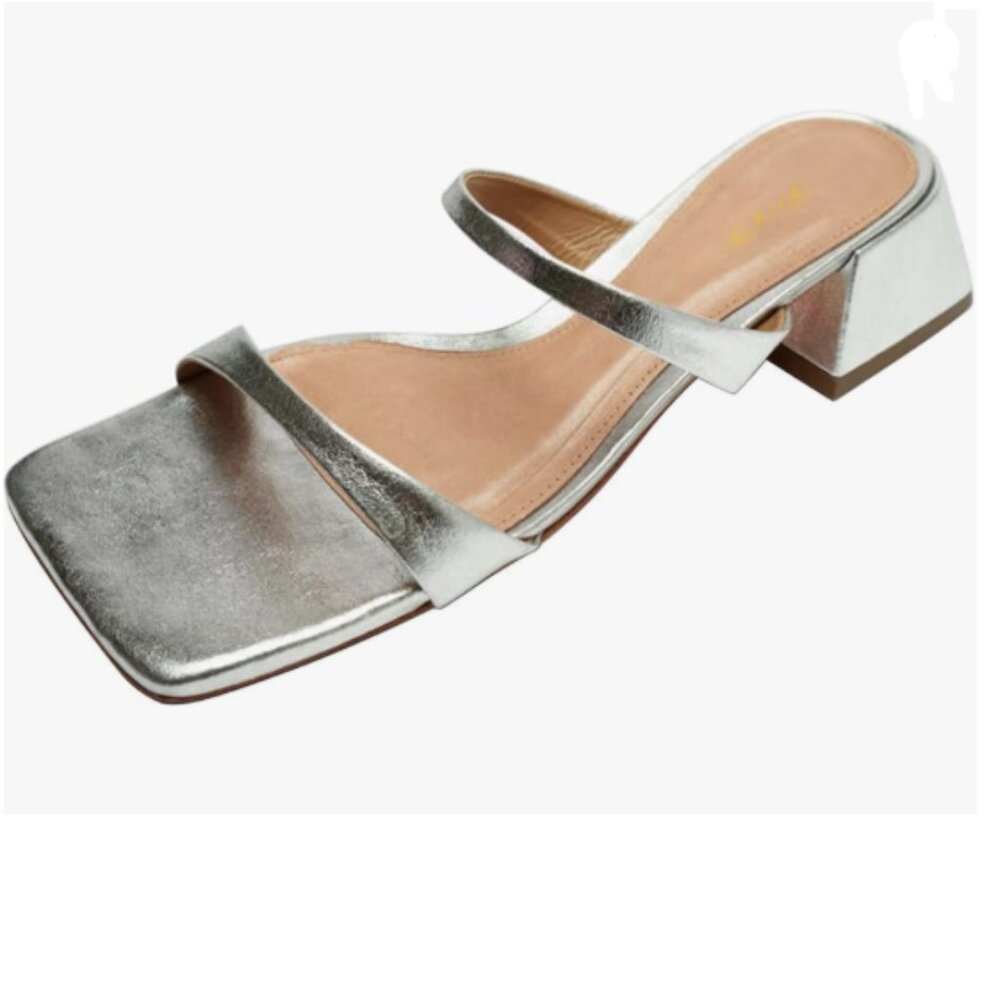 FOWT Silver Square Open Toe Mules Chunky Low Heel Slippers Double Strap Sandal